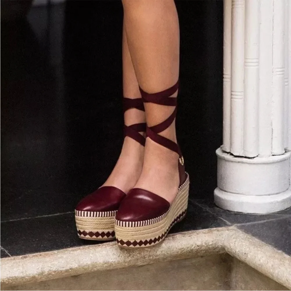 TORY BURCH Dandy Burgundy Leather Espadrille Platform Shoe - Picture 2 of 6